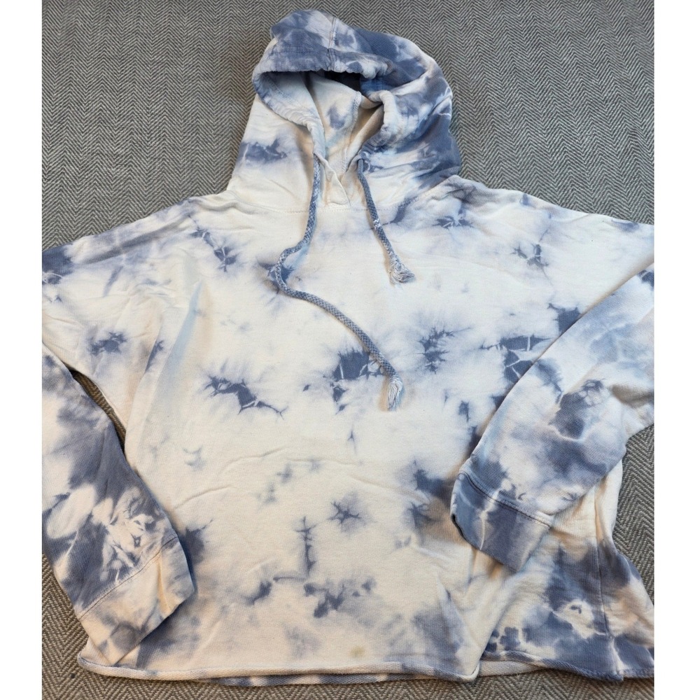 US Apparel Blue White Tie Dye Cropped Hoodie Sweatshirt Small Raw Hem Relaxed